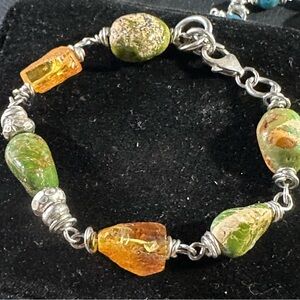 Amber Emerald Valley, turquoise Sterling, silver hand wrapped bracelet